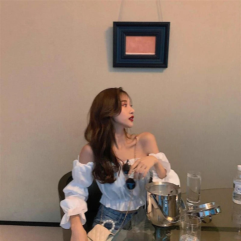 PuffMuse Chiffon Blouse – Off-Shoulder Crop Style with Puff Sleeves and Ruffle Trim - Willen