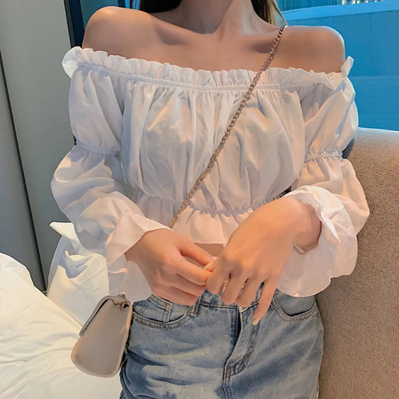 PuffMuse Chiffon Blouse – Off-Shoulder Crop Style with Puff Sleeves and Ruffle Trim - Willen