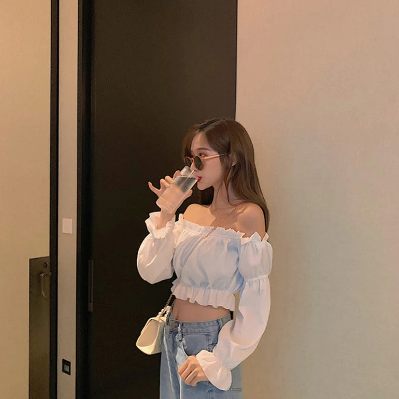 PuffMuse Chiffon Blouse – Off-Shoulder Crop Style with Puff Sleeves and Ruffle Trim - Willen