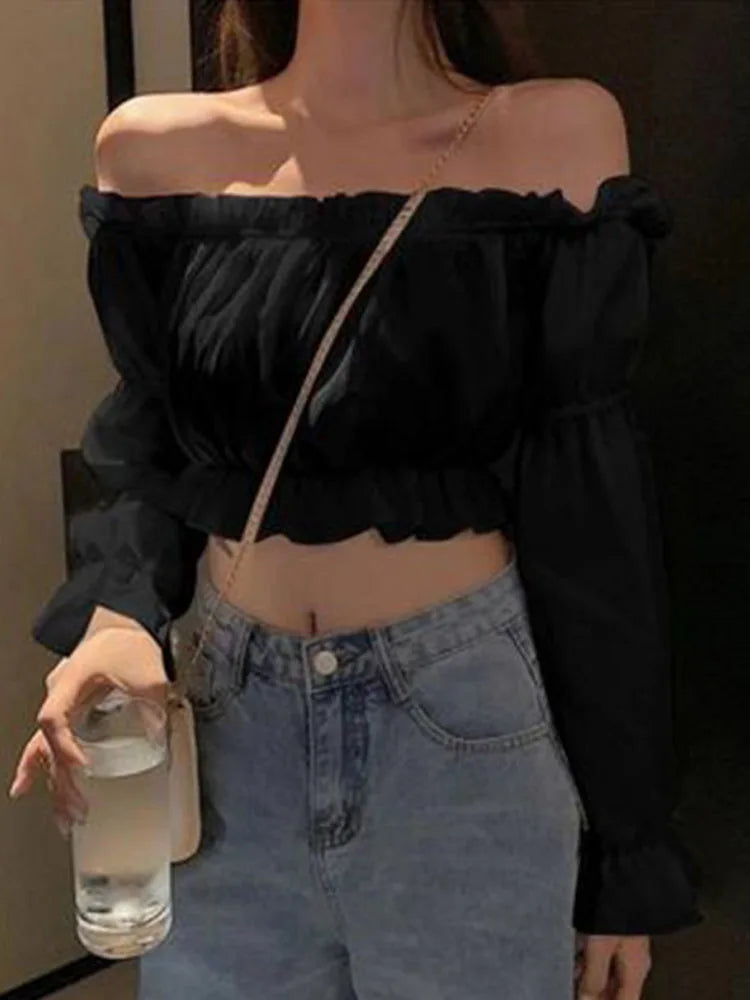 PuffMuse Chiffon Blouse – Off-Shoulder Crop Style with Puff Sleeves and Ruffle Trim - Willen