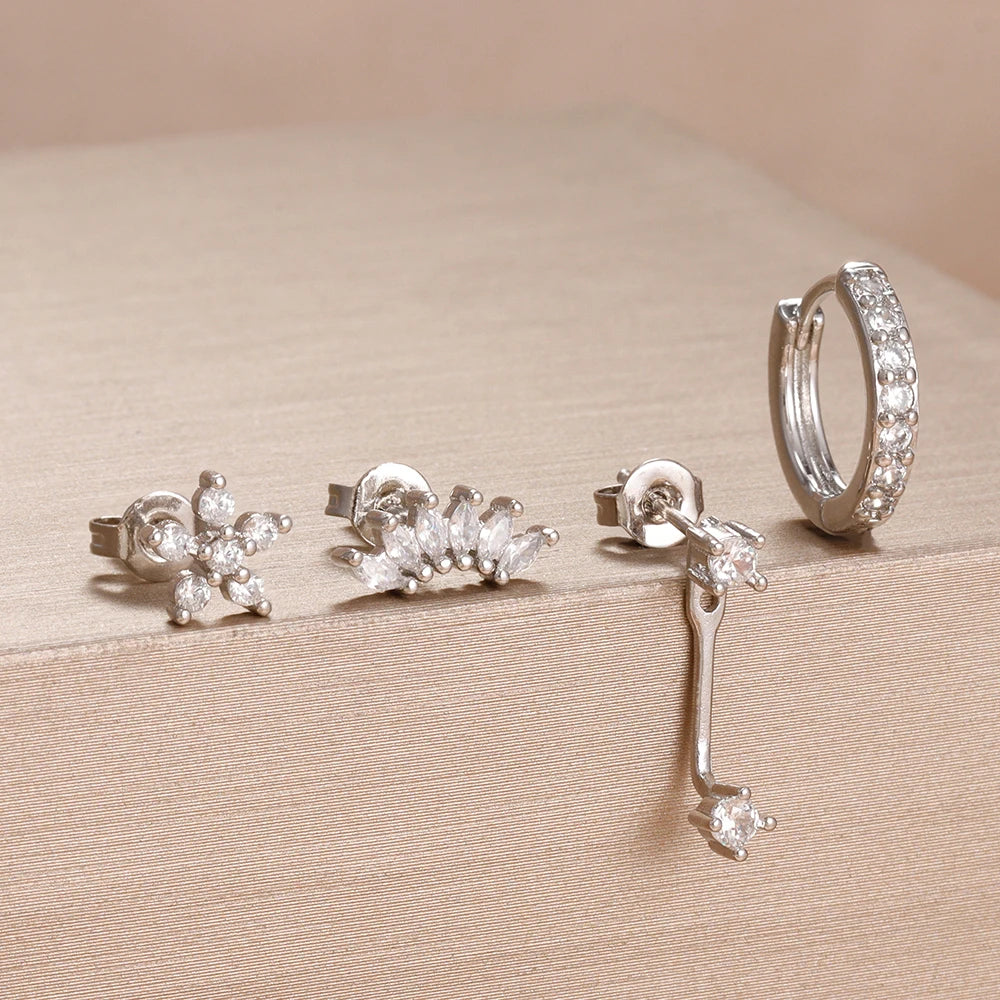 4-Piece Stainless Steel Earring Set – Gold Huggie Hoops & Cubic Zirconia Flower Studs - Willen
