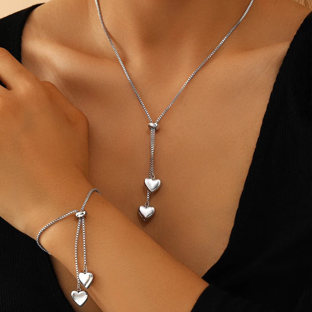 Stainless Steel Heart Pendant Jewelry Set – Necklace & Bracelet for Everyday Wear - Willen