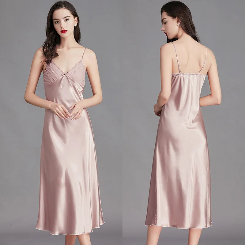 Satin Nightgown – Sleeveless Mid-Length Sleepwear, Lace V-Neck - Willen