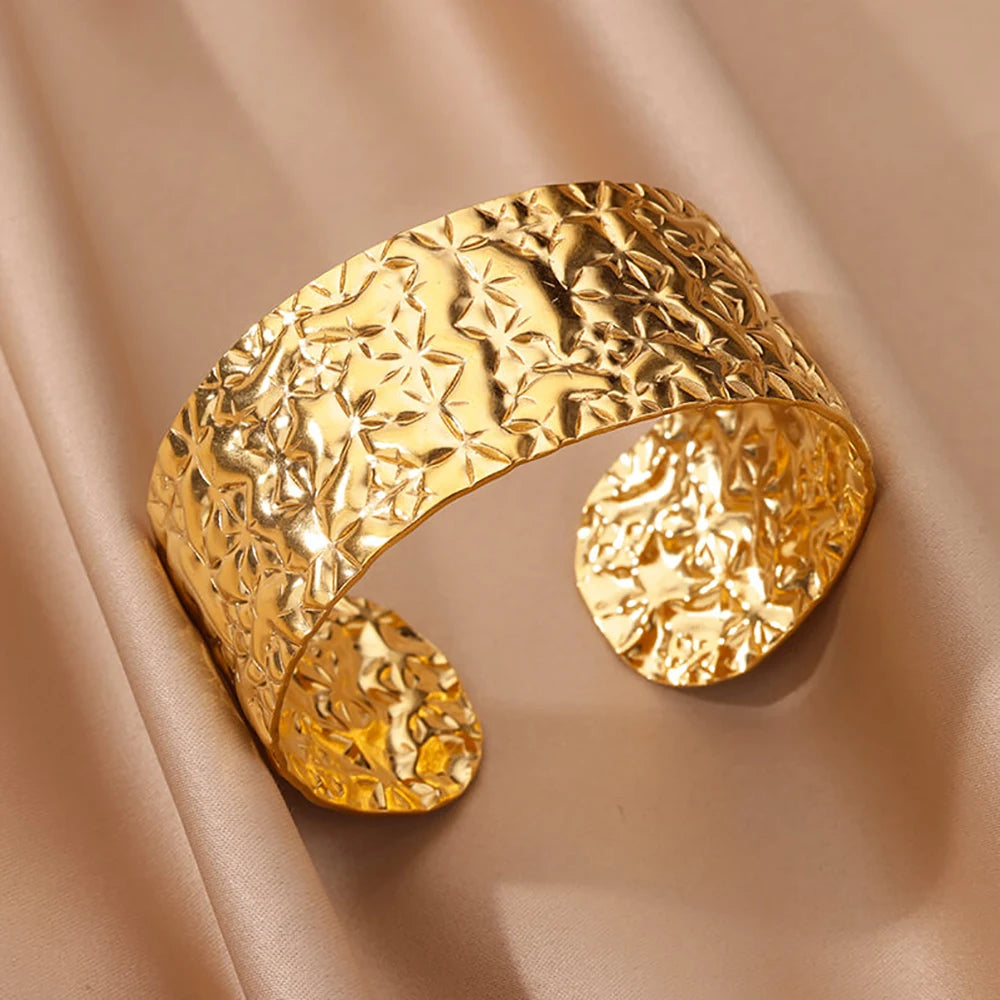 Gold Floral Etched Cuff Bracelet – Wide Stainless Steel Bangle for Women - Willen