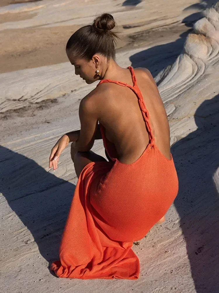 Open Back Orange Beach Maxi Dress – Lightweight Swimsuit Cover-Up - Willen