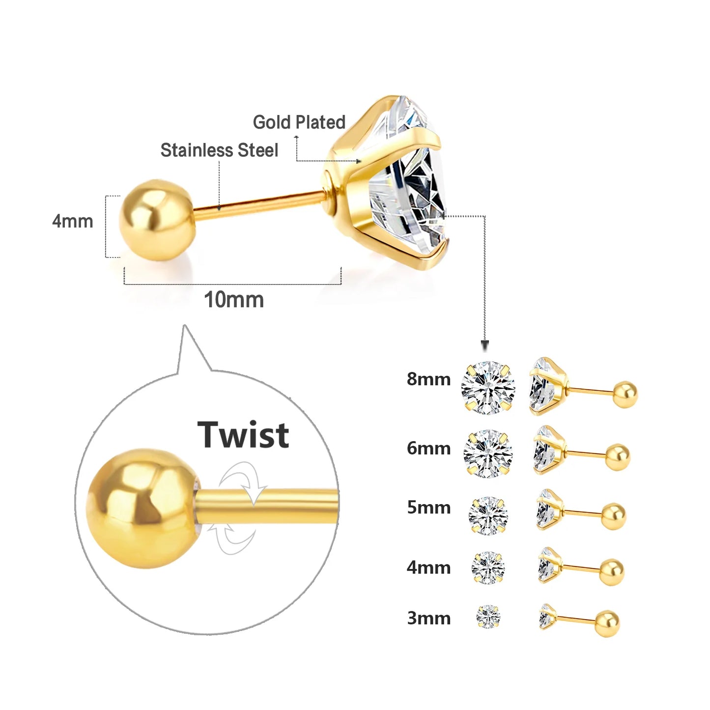 Stainless Steel Stud Earrings – Round Cubic Zirconia with Screw-Back, Unisex Design - Willen