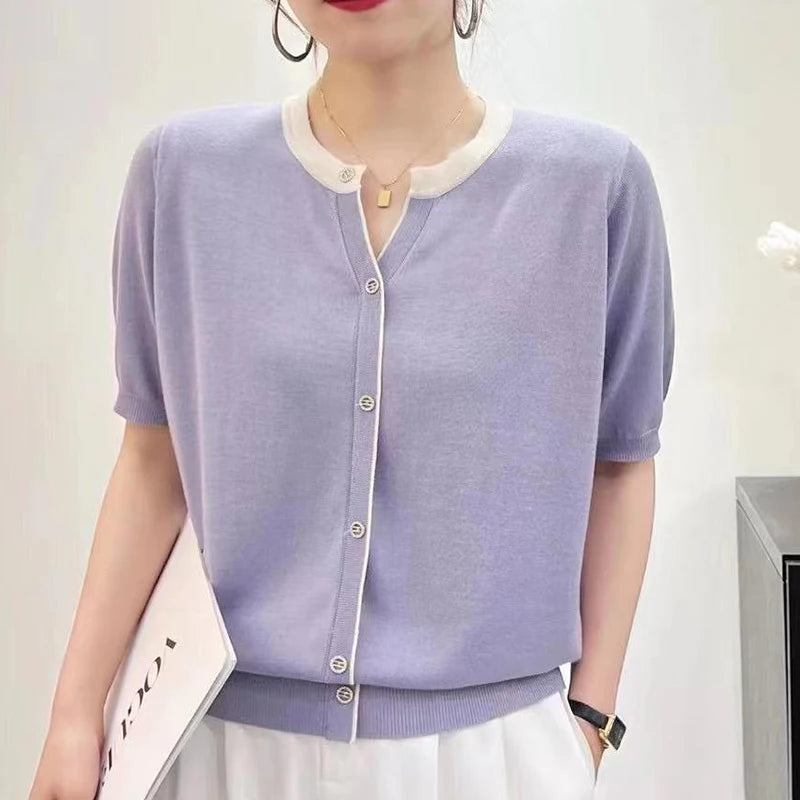 Women’s V-Neck Summer T-Shirt – Ice Silk Blend, Button Detail - Willen