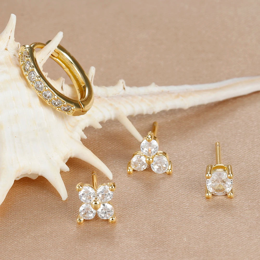 Gold-Plated Stainless Steel Stud Earrings – 4-Piece Set with Cubic Zirconia Accents - Willen