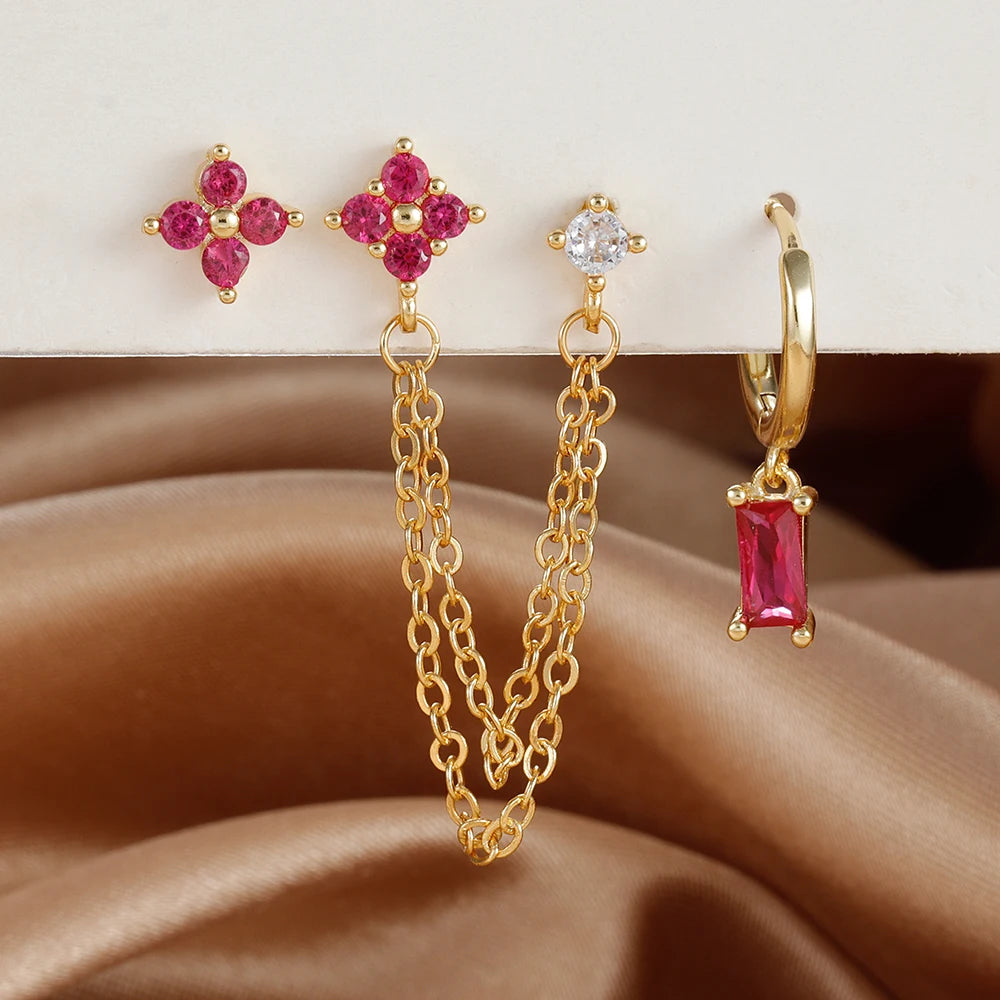 3-Piece Cubic Zirconia Stud Earrings Set – Stainless Steel Cartilage Jewelry with Birthstone Colors - Willen