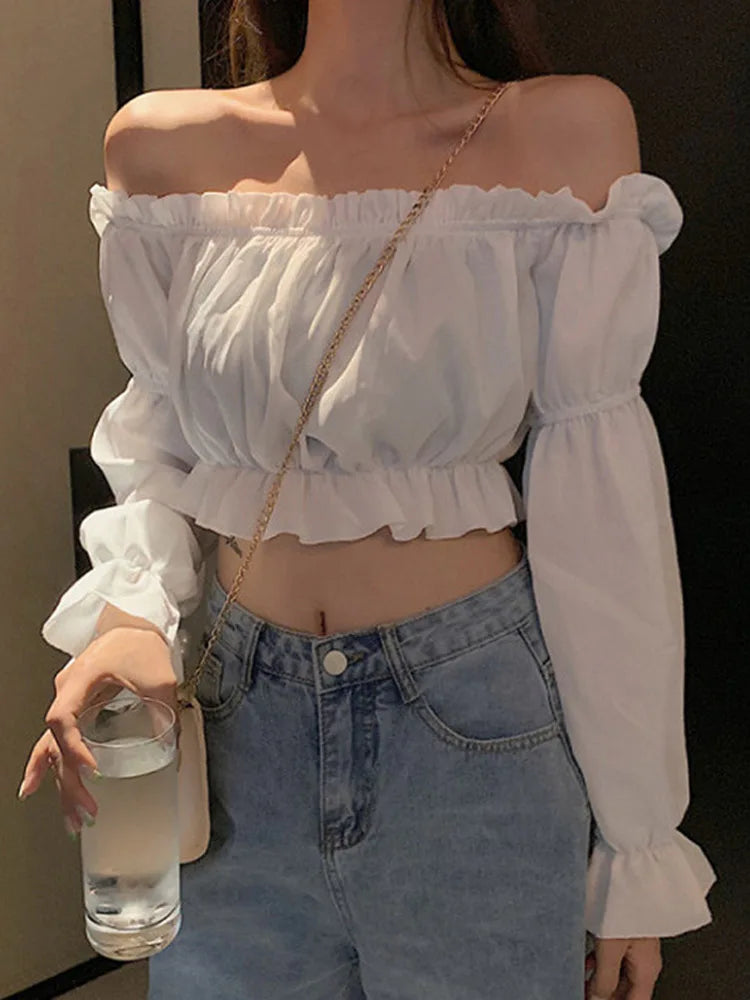 PuffMuse Chiffon Blouse – Off-Shoulder Crop Style with Puff Sleeves and Ruffle Trim - Willen