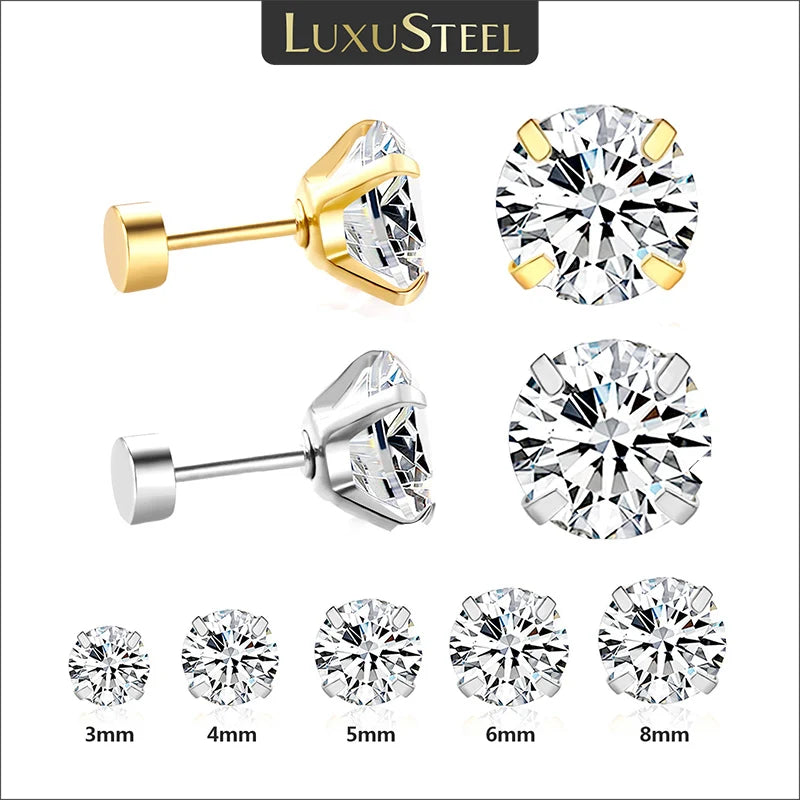 Stainless Steel Stud Earrings – Round Cubic Zirconia with Screw-Back, Unisex Design - Willen