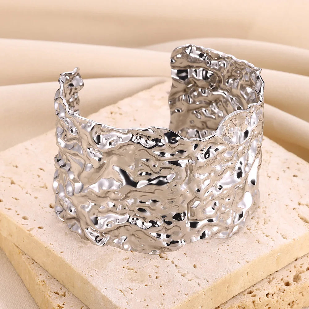 Gold Floral Etched Cuff Bracelet – Wide Stainless Steel Bangle for Women - Willen