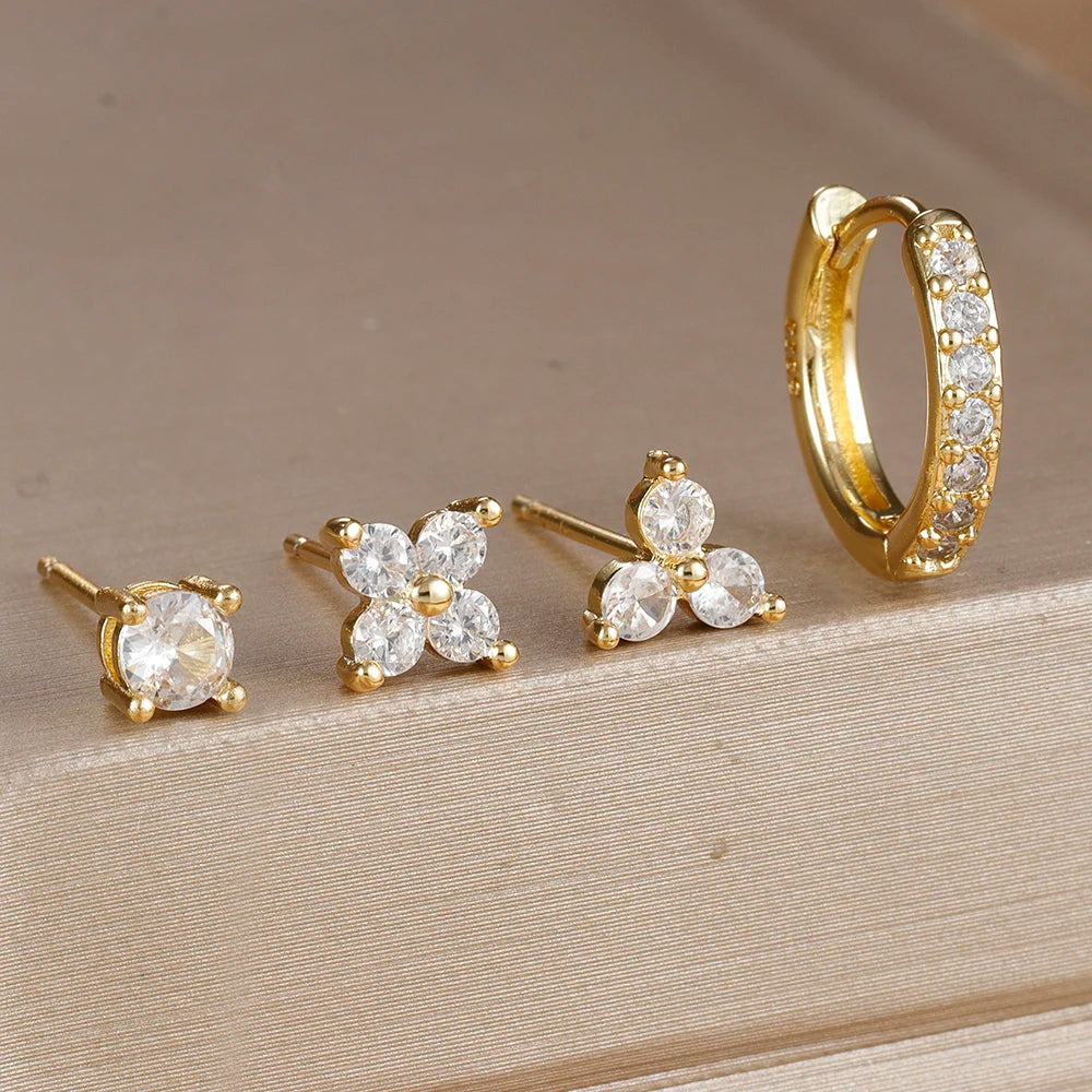 Gold-Plated Stainless Steel Stud Earrings – 4-Piece Set with Cubic Zirconia Accents - Willen