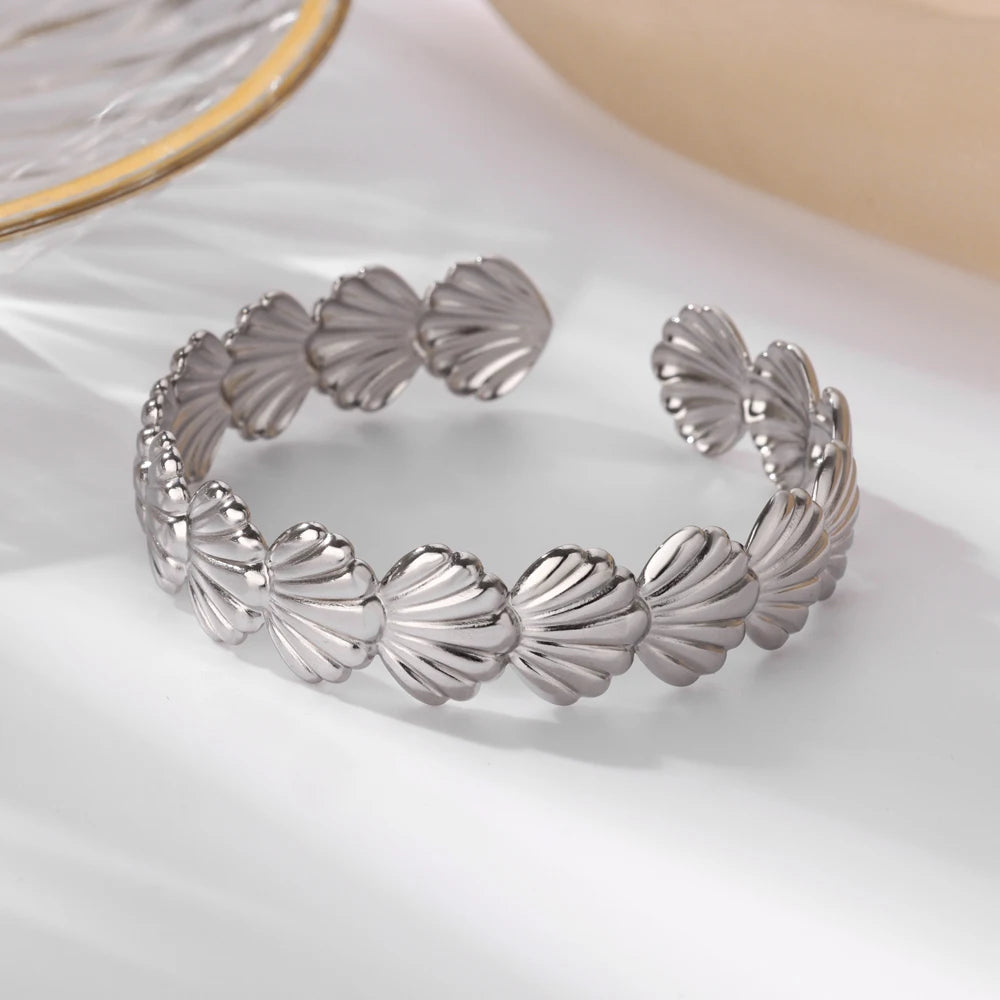 Gold Floral Etched Cuff Bracelet – Wide Stainless Steel Bangle for Women - Willen