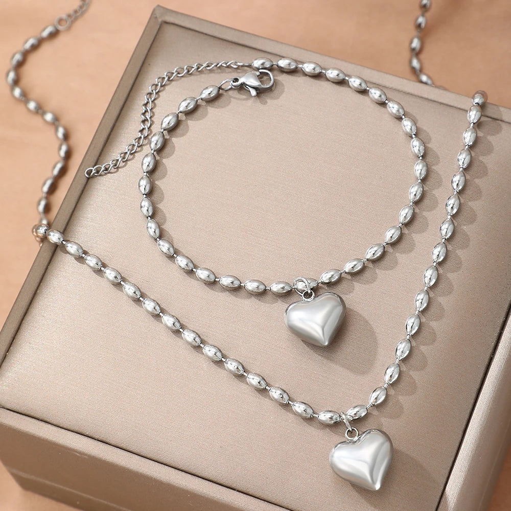 Heart Pendant Jewelry Set – Stainless Steel Necklace & Earrings, Beaded Chain Design - Willen