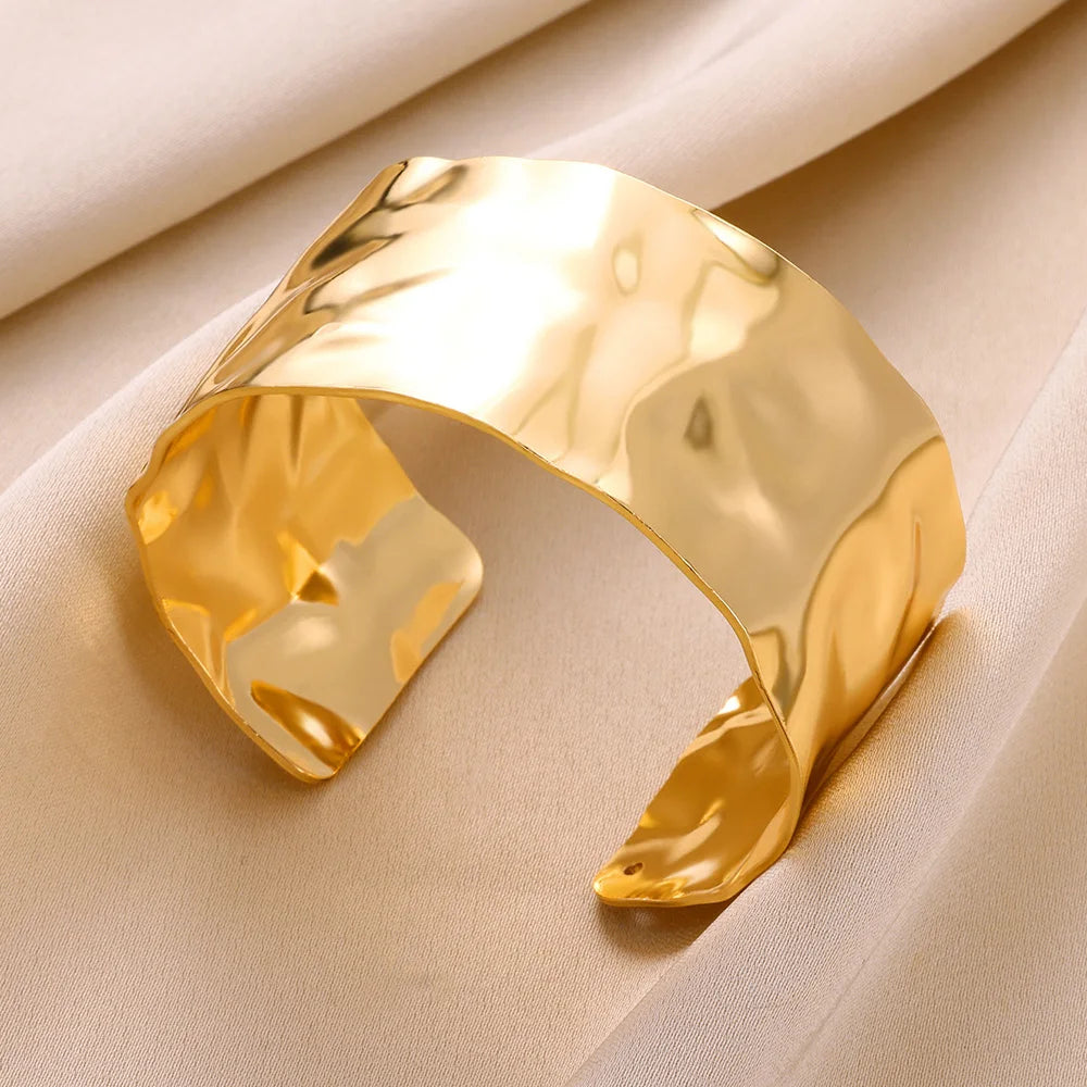 Gold Floral Etched Cuff Bracelet – Wide Stainless Steel Bangle for Women - Willen