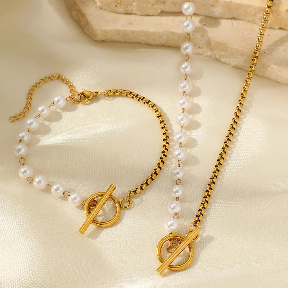 Imitation Pearl & Stainless Steel Jewelry Set – Necklace with OT Clasp & Earrings - Willen