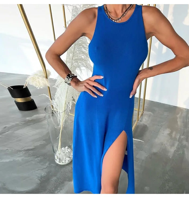 Sleeveless Knit Midi Dress – Empire Waist, Side Slit - Willen
