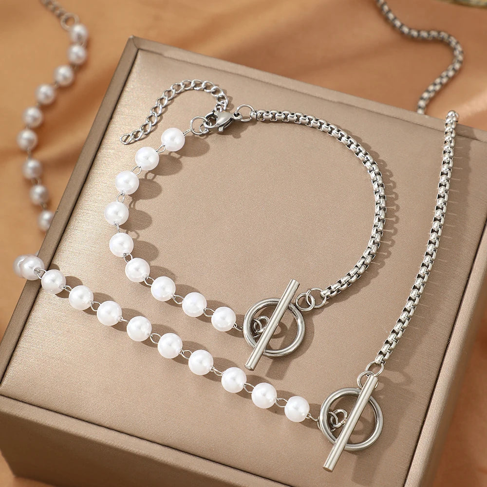 Imitation Pearl & Stainless Steel Jewelry Set – Necklace with OT Clasp & Earrings - Willen