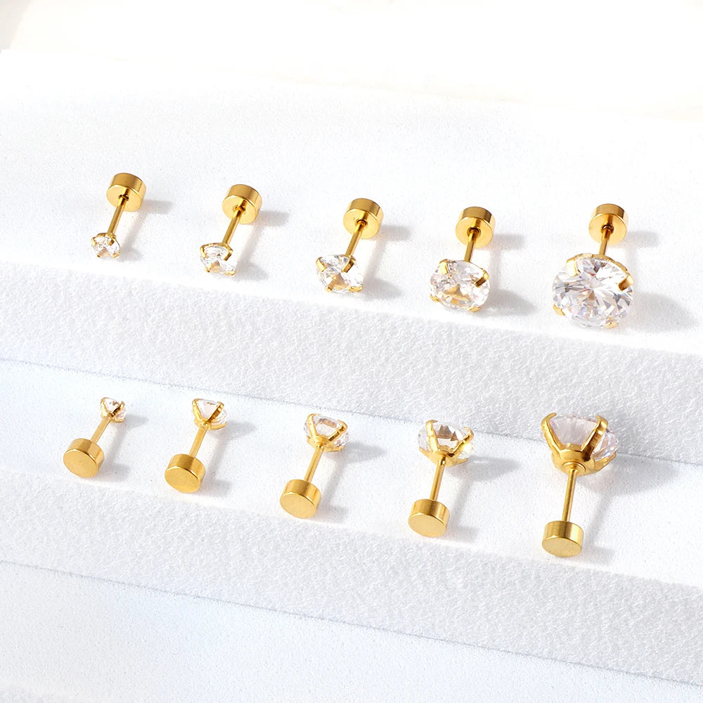 Stainless Steel Stud Earrings – Round Cubic Zirconia with Screw-Back, Unisex Design - Willen
