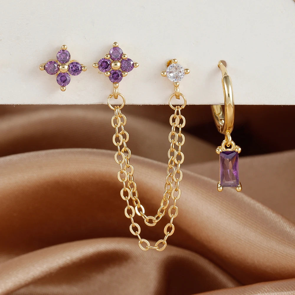 3-Piece Cubic Zirconia Stud Earrings Set – Stainless Steel Cartilage Jewelry with Birthstone Colors - Willen