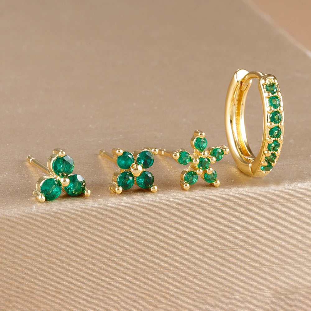 Gold-Plated Stainless Steel Stud Earrings – 4-Piece Set with Cubic Zirconia Accents - Willen