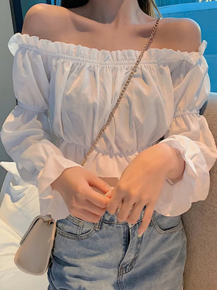 PuffMuse Chiffon Blouse – Off-Shoulder Crop Style with Puff Sleeves and Ruffle Trim - Willen