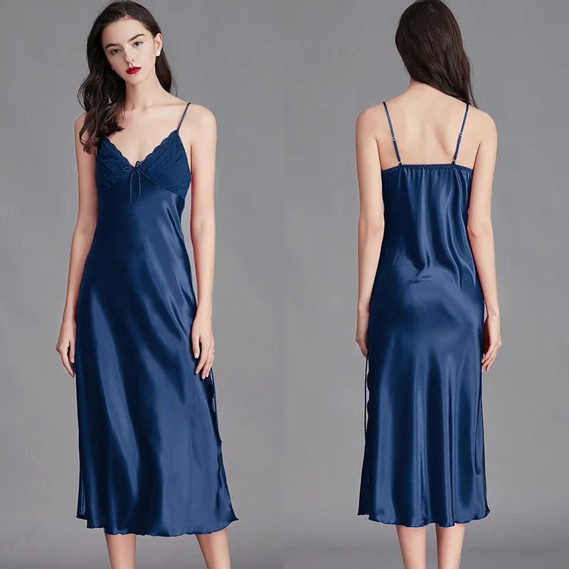 Satin Nightgown – Sleeveless Mid-Length Sleepwear, Lace V-Neck - Willen