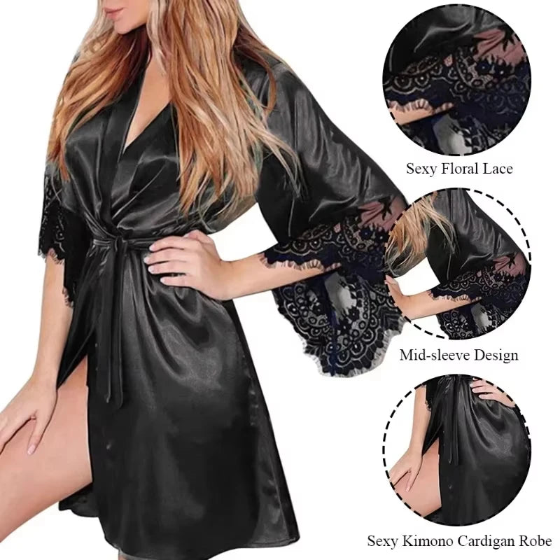 Satin Robe and Sleep Dress Set – Lightweight 2-Piece Loungewear with Lace Detail - Willen