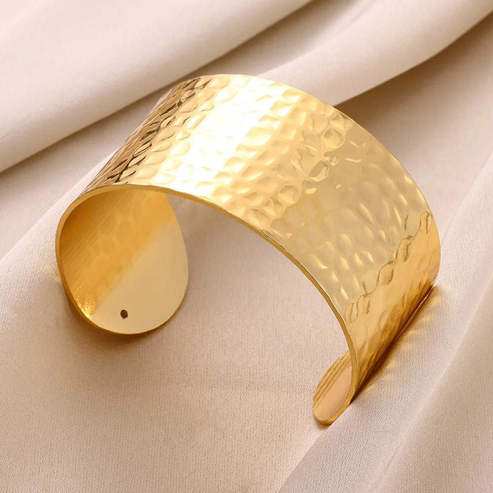 Gold Floral Etched Cuff Bracelet – Wide Stainless Steel Bangle for Women - Willen