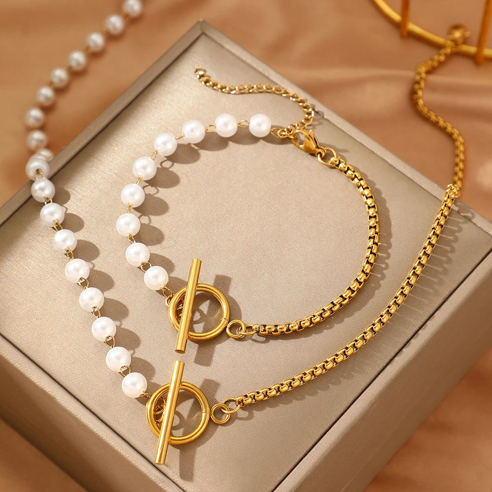 Imitation Pearl & Stainless Steel Jewelry Set – Necklace with OT Clasp & Earrings - Willen