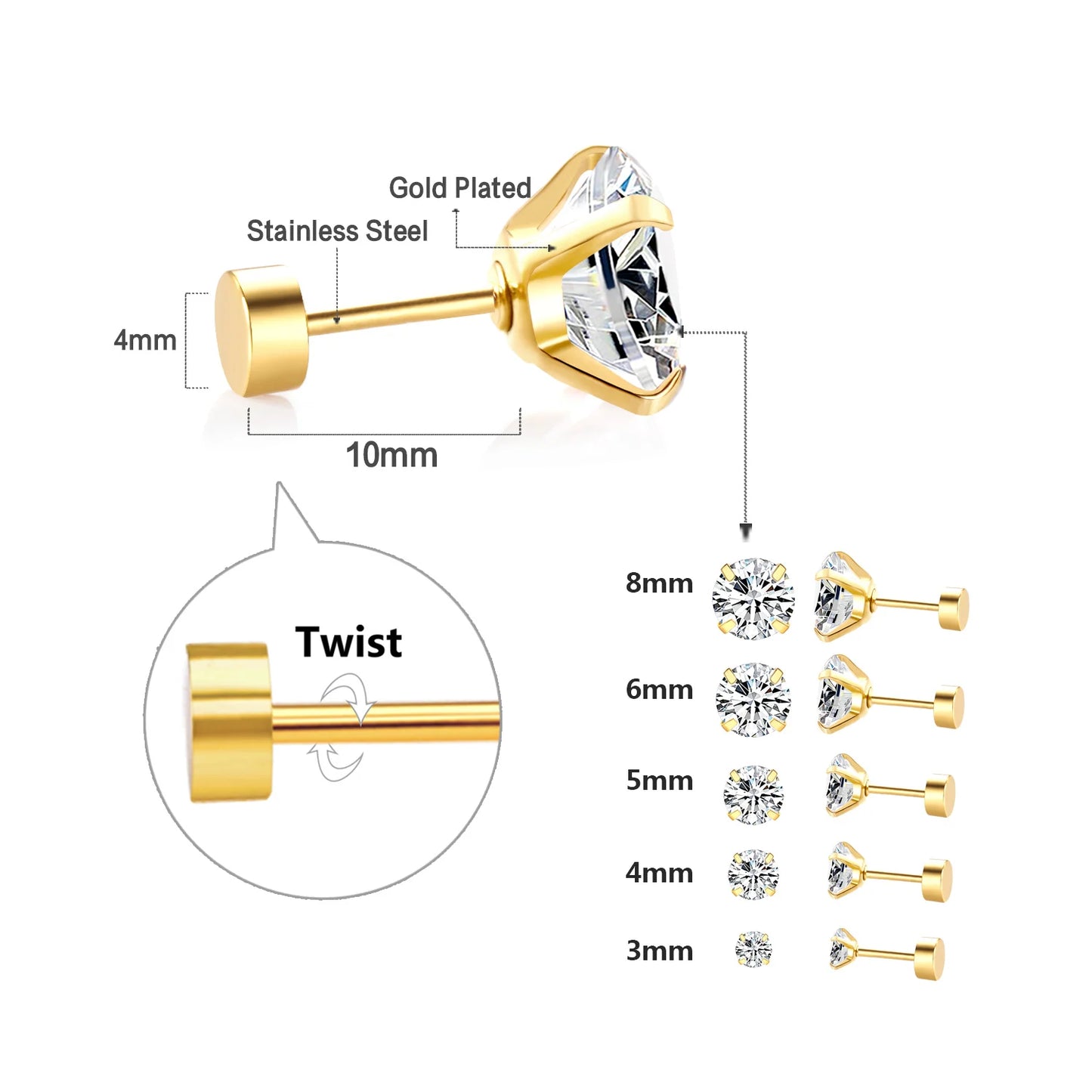 Stainless Steel Stud Earrings – Round Cubic Zirconia with Screw-Back, Unisex Design - Willen