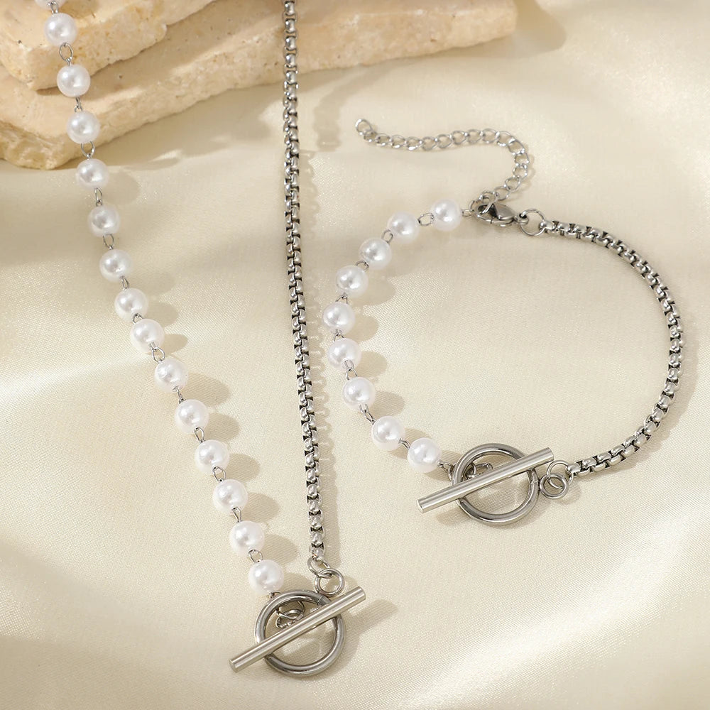 Imitation Pearl & Stainless Steel Jewelry Set – Necklace with OT Clasp & Earrings - Willen