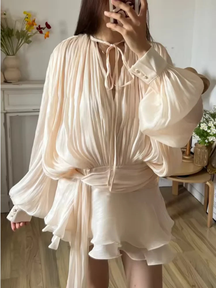 PuffLace Sweetheart Dress – Knee-Length Chiffon Dress with Puff Sleeves and Lace Details - Willen