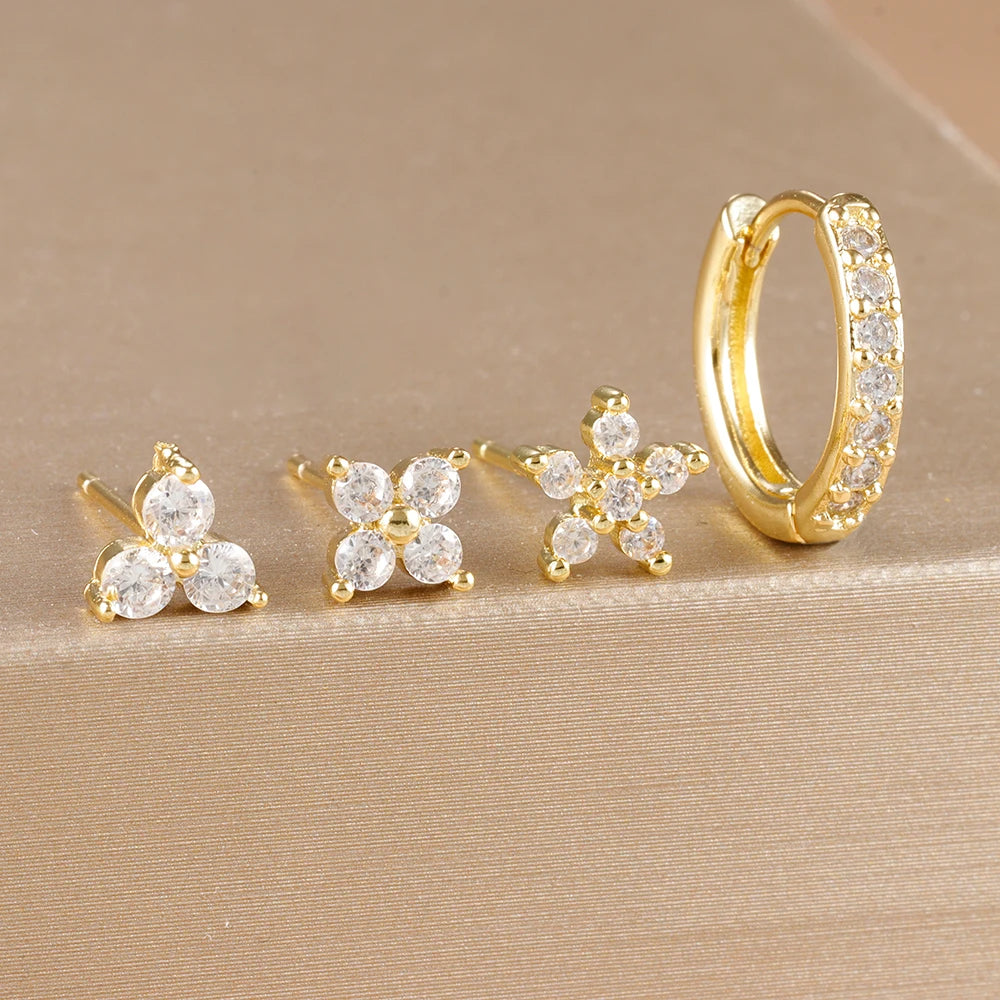 Gold-Plated Stainless Steel Stud Earrings – 4-Piece Set with Cubic Zirconia Accents - Willen
