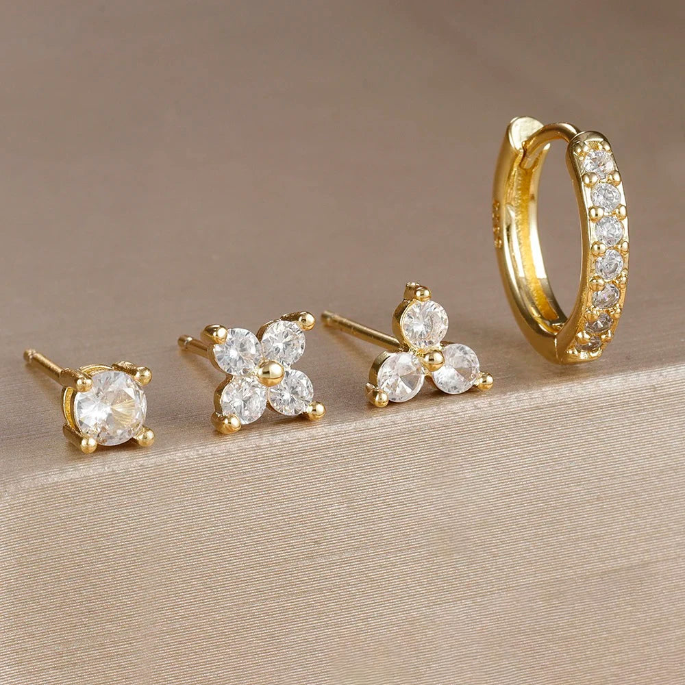 Gold-Plated Stainless Steel Stud Earrings – 4-Piece Set with Cubic Zirconia Accents - Willen