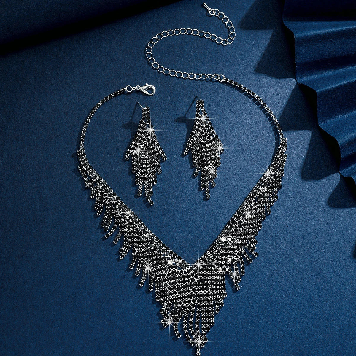 3-Piece Tassel Jewelry Set – Black crystal-accent Necklace & Earrings - Willen