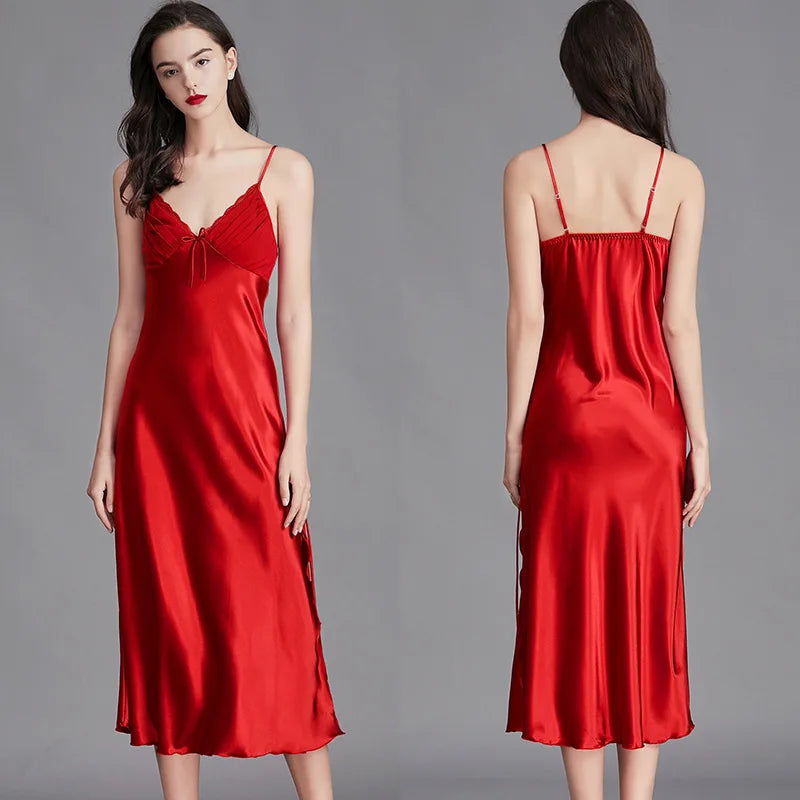 Satin Nightgown – Sleeveless Mid-Length Sleepwear, Lace V-Neck - Willen