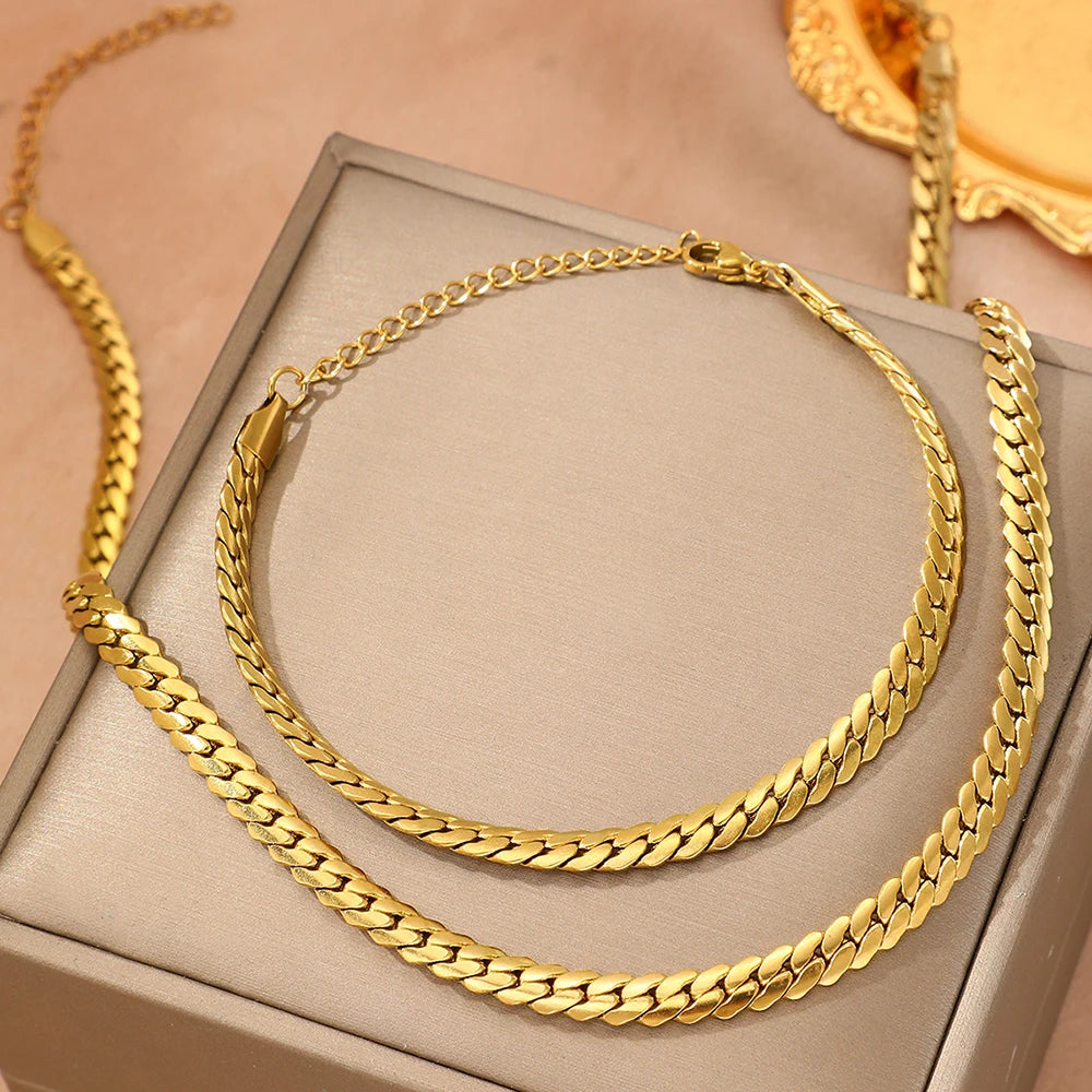 Gold-Tone Cuban Chain Set – Flat Stainless Steel Necklace & Bracelet - Willen