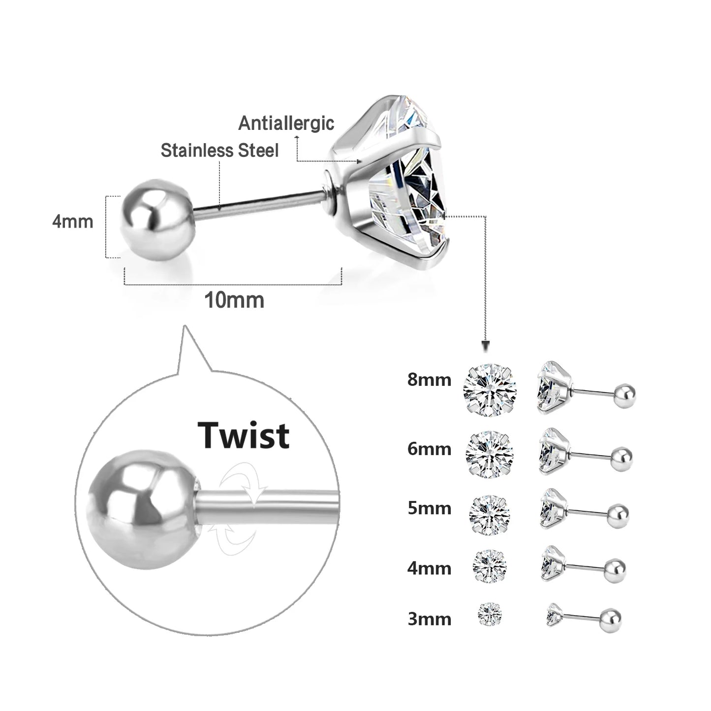 Stainless Steel Stud Earrings – Round Cubic Zirconia with Screw-Back, Unisex Design - Willen