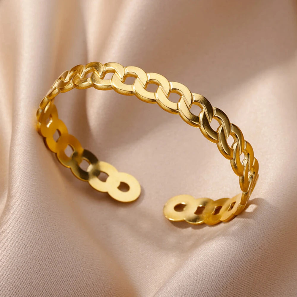 Gold Floral Etched Cuff Bracelet – Wide Stainless Steel Bangle for Women - Willen