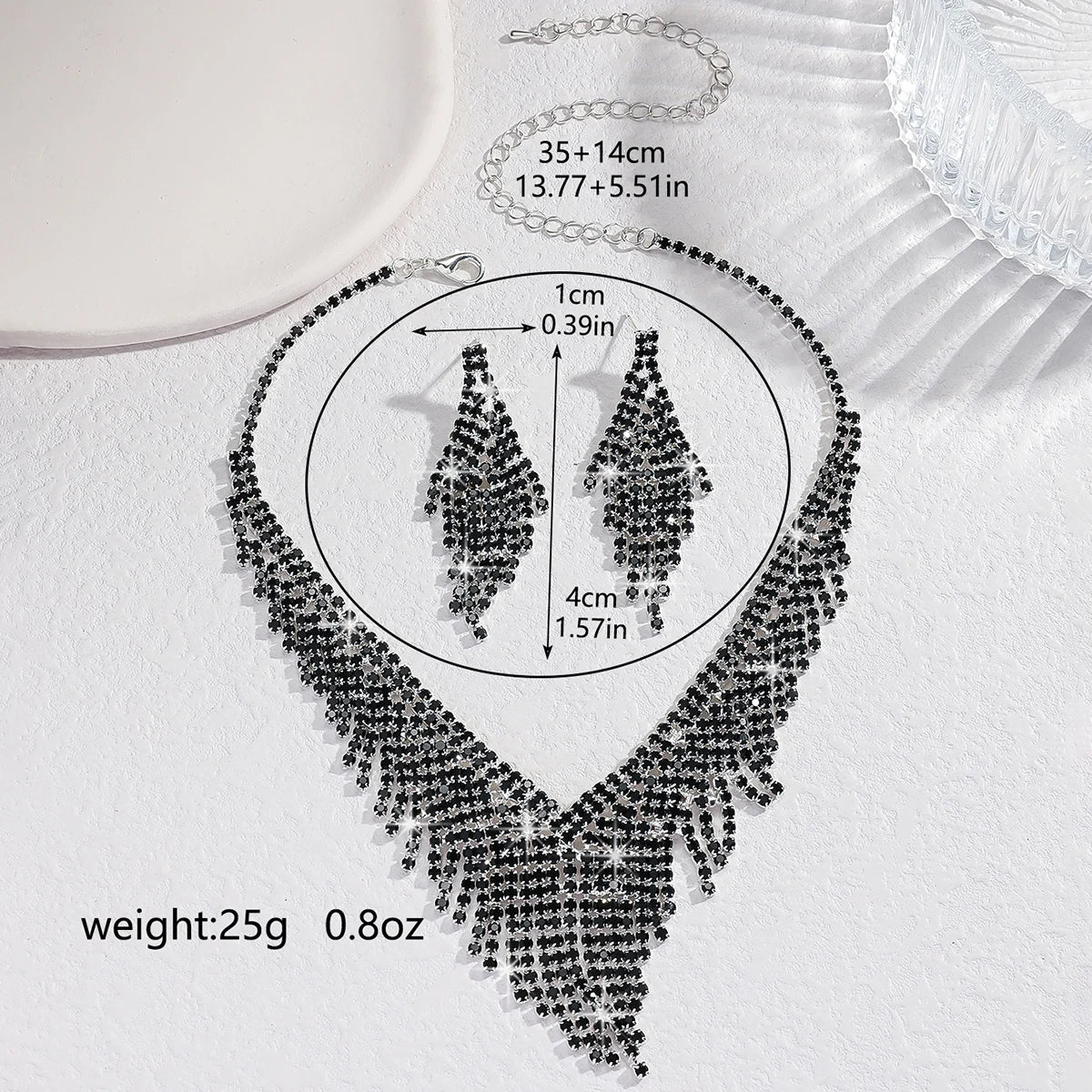 3-Piece Tassel Jewelry Set – Black crystal-accent Necklace & Earrings - Willen