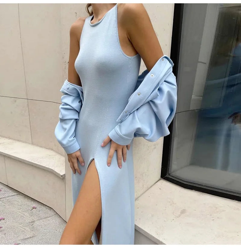 Sleeveless Knit Midi Dress – Empire Waist, Side Slit - Willen