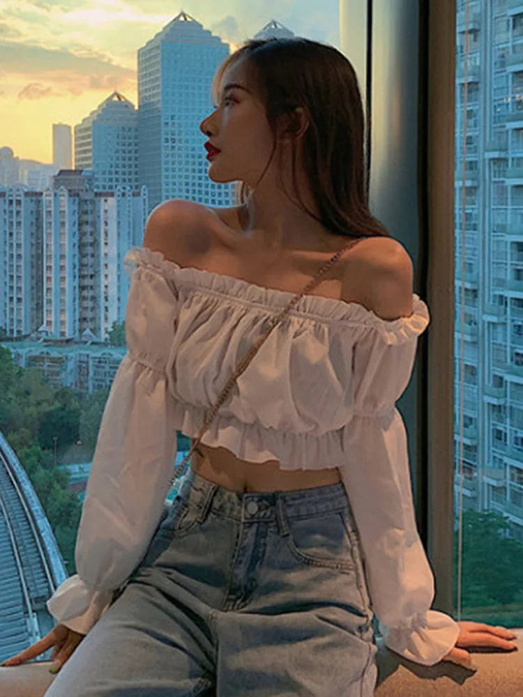 PuffMuse Chiffon Blouse – Off-Shoulder Crop Style with Puff Sleeves and Ruffle Trim - Willen