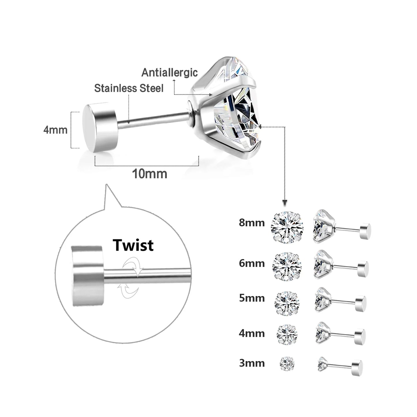 Stainless Steel Stud Earrings – Round Cubic Zirconia with Screw-Back, Unisex Design - Willen