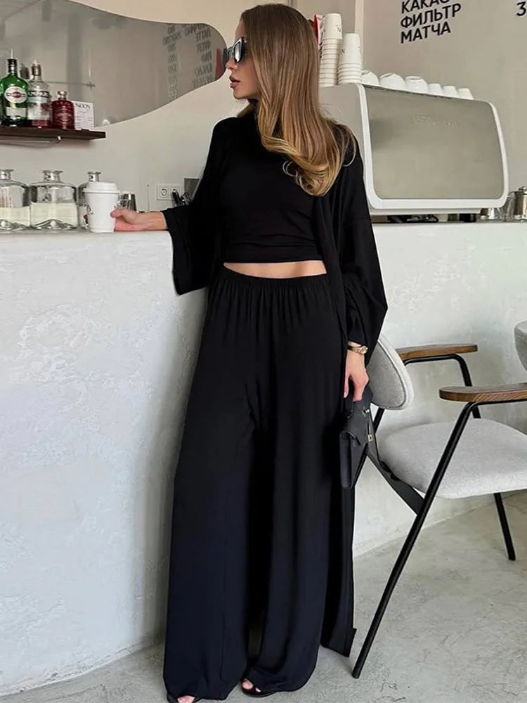 Women’s 3-Piece Summer Set – Long Coat, Tank Top & Wide-Leg Pants, Polyester, Yellow - Willen