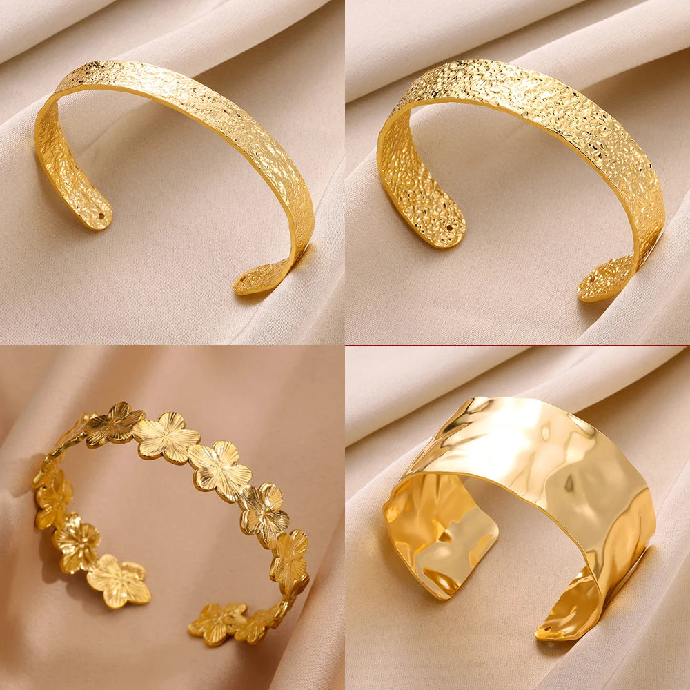 Gold Floral Etched Cuff Bracelet – Wide Stainless Steel Bangle for Women - Willen