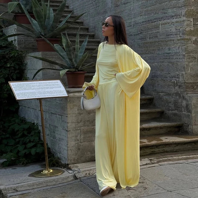 Women’s 3-Piece Summer Set – Long Coat, Tank Top & Wide-Leg Pants, Polyester, Yellow - Willen