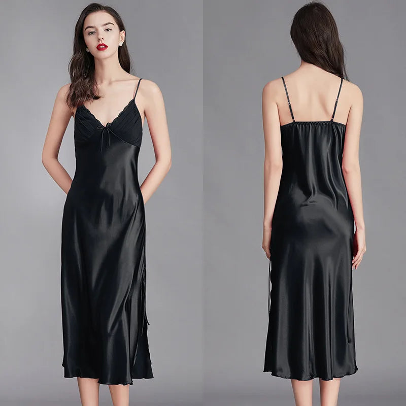Satin Nightgown – Sleeveless Mid-Length Sleepwear, Lace V-Neck - Willen