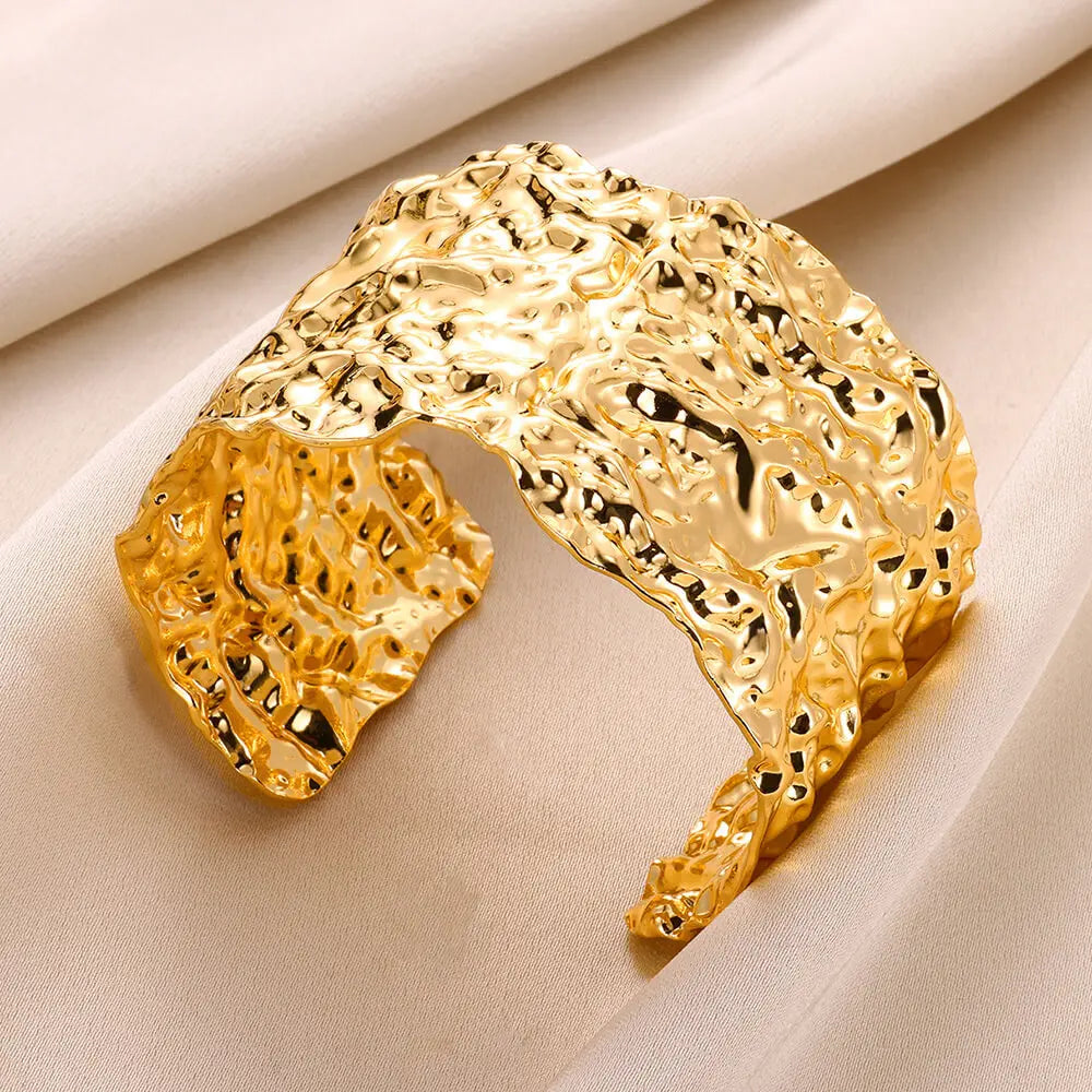 Gold Floral Etched Cuff Bracelet – Wide Stainless Steel Bangle for Women - Willen
